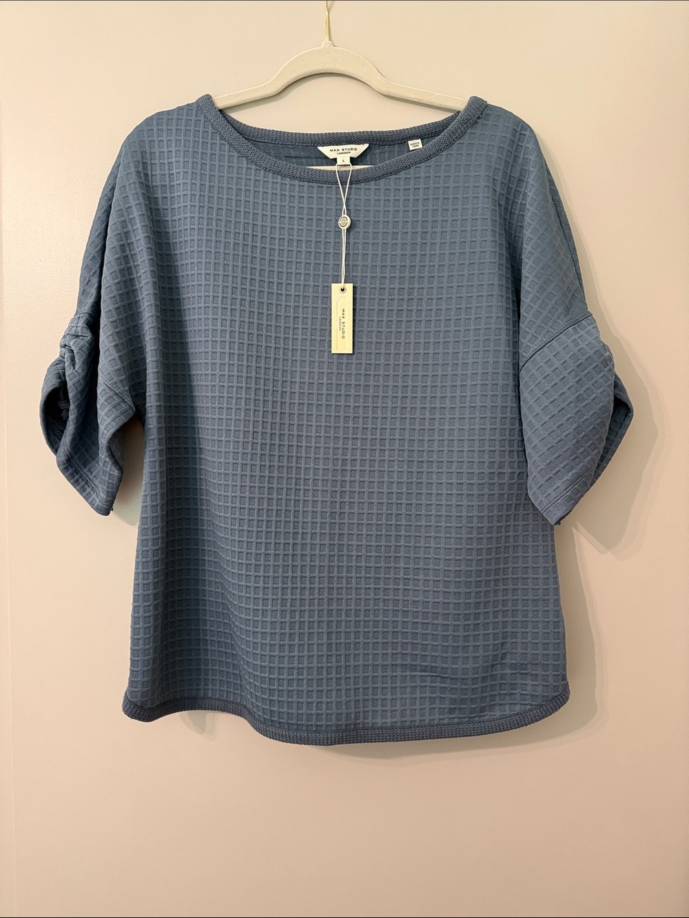 Max Studio Dusty Blue Waffle Knit Short Sleeve Top